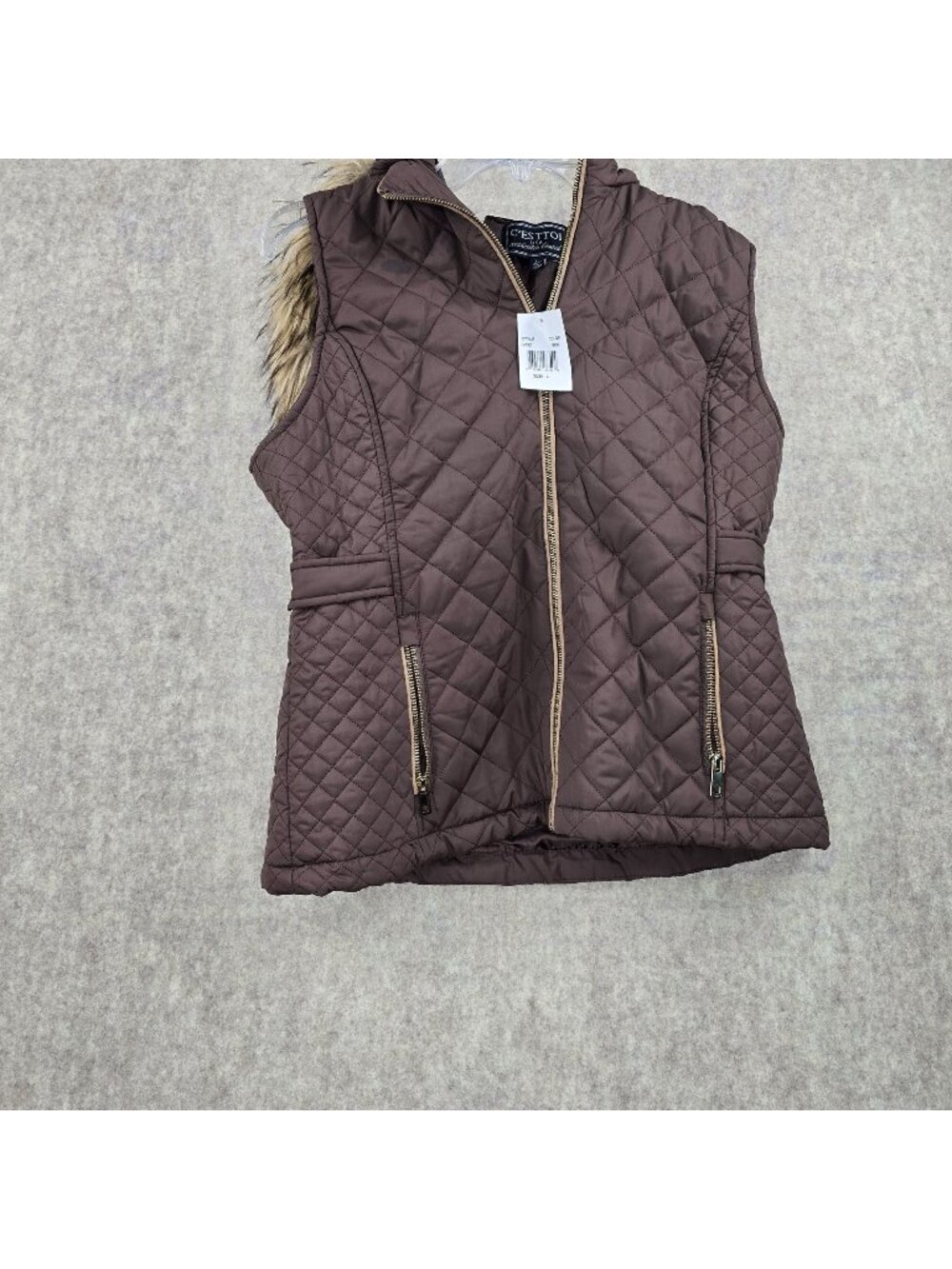 CEsttoi Womens Quilted Zip-Up Brown Vest With Fur Hood And Pockets Polyester